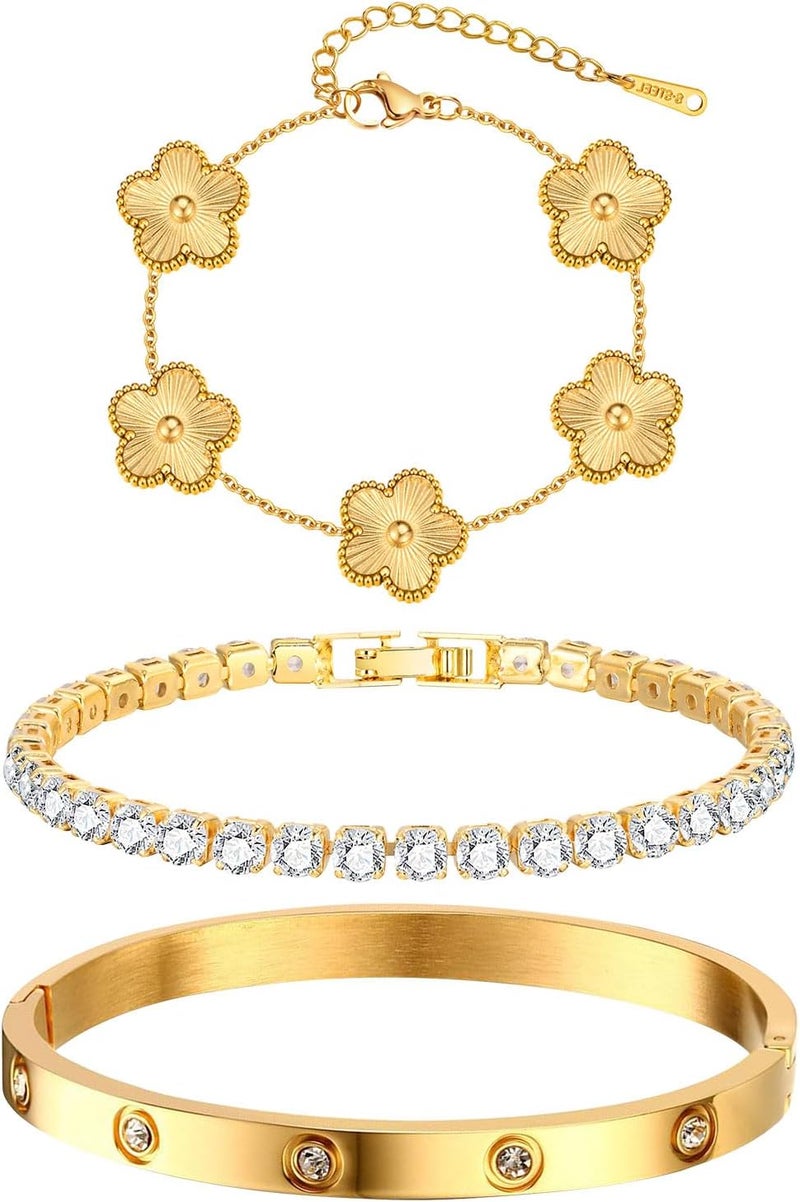 MPRAINBOW Womens Stackable Floral Gold Bracelets - 3Pcs 18K Gold Plated Bracelet,Stainless Steel Bangle Bracelets Non Tarnish, Gold Bracelet Set Trendy Jewelry,Christmas Valentines Birthday Gifts for Girlfriend - Image 1